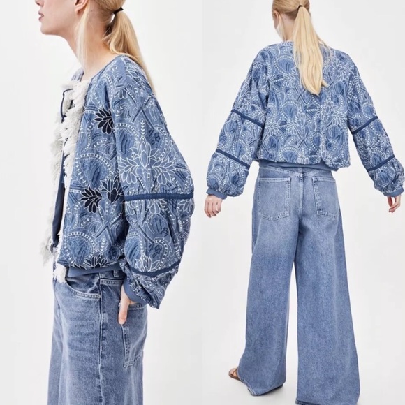Zara Blue Embroidered Open Front Fringe Jacket Size S Whimsical Artsy Festival - Picture 2 of 16